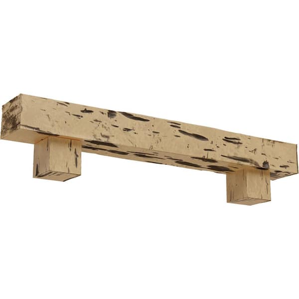Ekena Millwork 6 in. x 8 in. x 4 ft. Pecky Cypress Faux Wood Fireplace Mantel Kit with Alamo Corbels, Natural Pine
