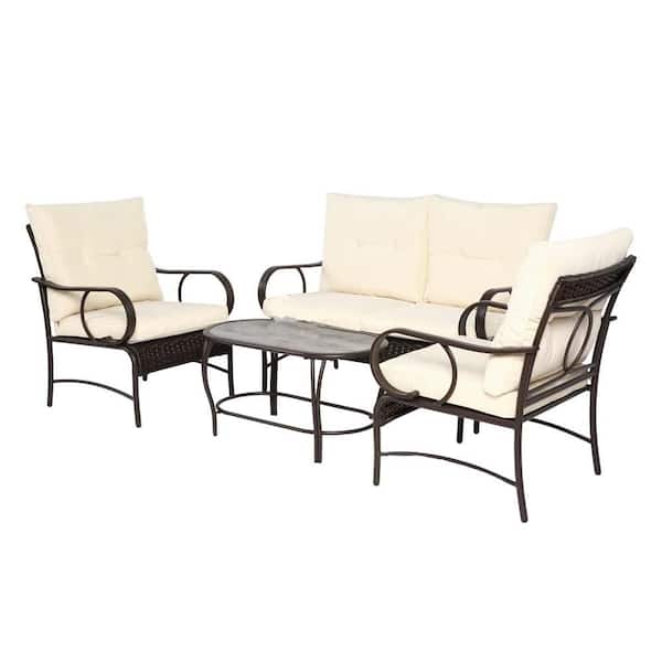 Sudzendf 4-Piece Black Metal Patio Conversation Seating Set, Outdoor Camping Chairs with White Cushions & Coffee Table