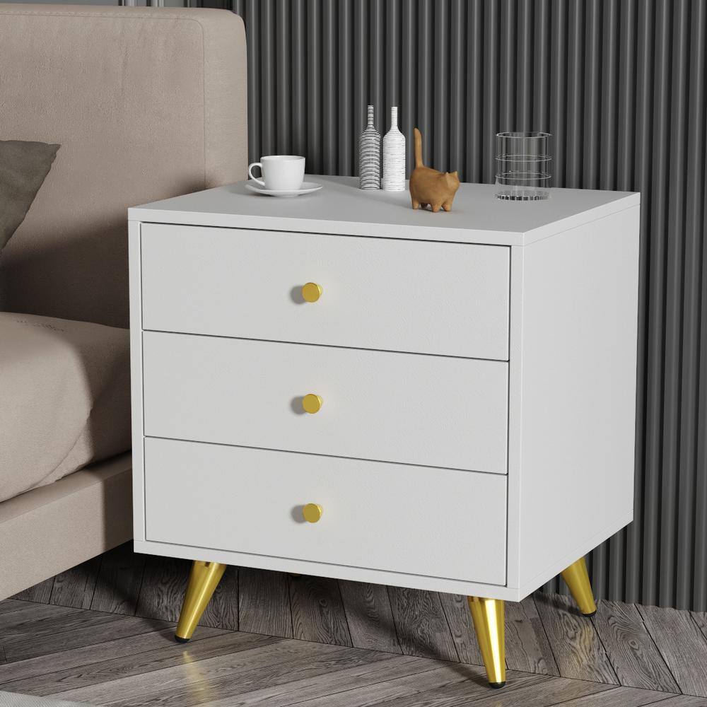 FUFU&GAGA 3Drawer White Nightstands With Metal Legs, Side Table