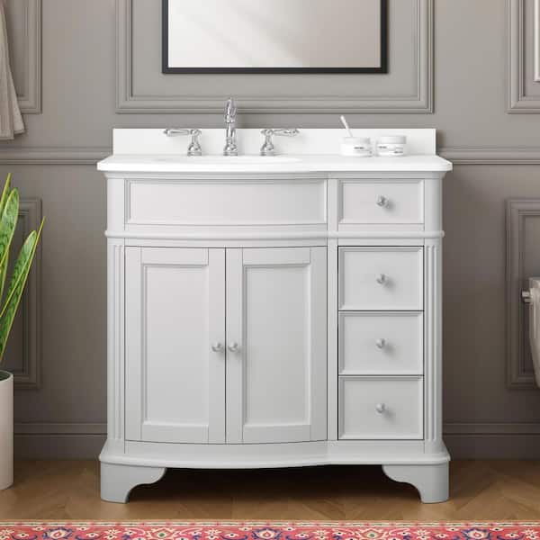 Terryn 37 in. Single Sink White Bath Vanity with Engineered White Marble Top (Assembled)
