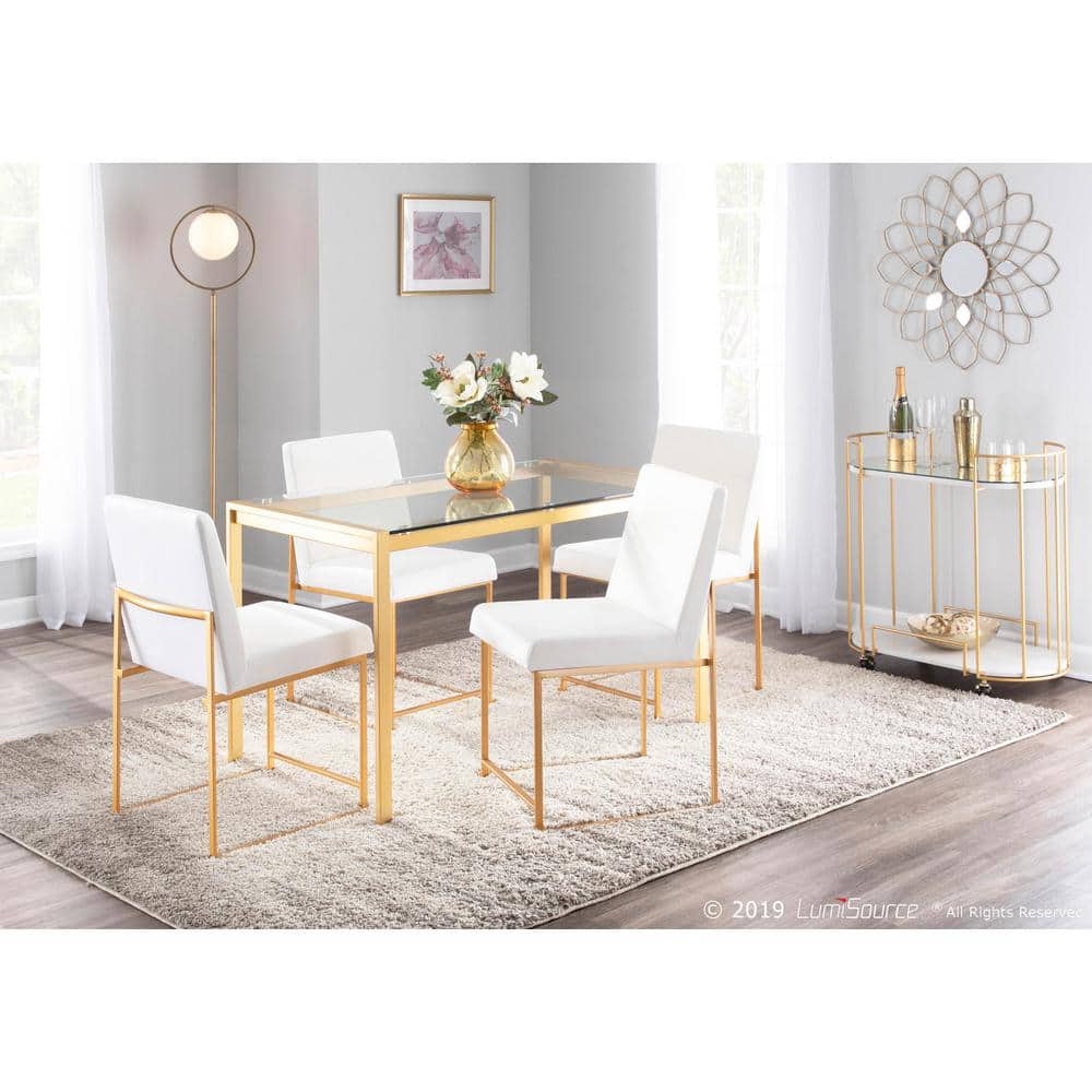 Set of 2 White Velvet and Gold Metal High Back Dining Chairs