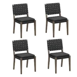 Cohen 19 in. Wood Mid-Century Modern Upholstered Dining Chair Hand Woven Faux Leather Backrest, Black, Set of 4