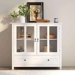 White Buffet Storage Cabinet with Double Glass Doors and Drawer