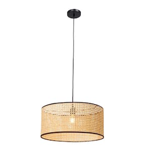 17.71 in. 1-Light Beige Vintage Weaving Rattan Lantern Pendant Light with Adjustable Cord for Dining Room Living Room