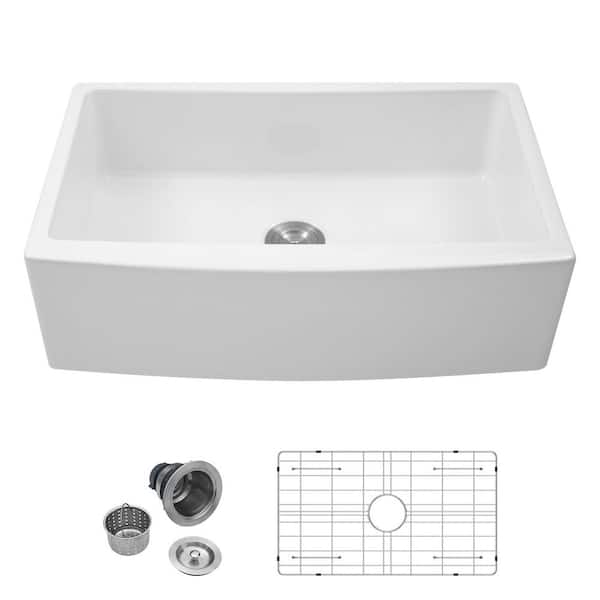 33 in. Farmhouse Apron Single Bowl White Ceramic Arch Workstation Kitchen Sink with Dish Grid and Strainer