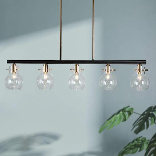 38 in. Large 5-Light Modern Black Chandelier, DIY Globe Pendant Light, Farmhouse Brass Island Chandelier for Dining Room