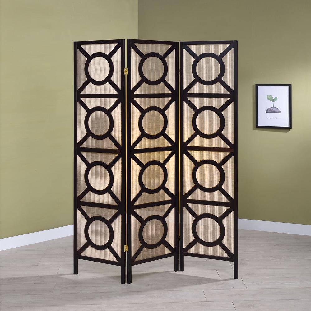 Cappuccino Transitional 3-Panel Folding Screen with Circular Pattern