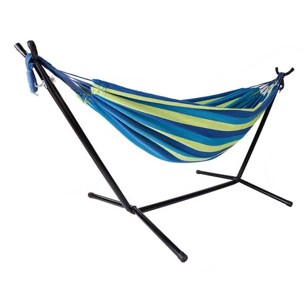 Wildaven 10 ft. Double Cotton Hammock Bed with Space Saving Steel Stand for Indoor Outdoor