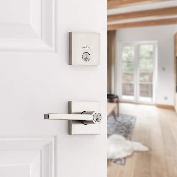 Halifax Satin Nickel Entry Door Handle with Single Cylinder Deadbolt Combo Pack featuring SmartKey Security