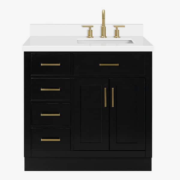 Hepburn 36 in. Single Sink Freestanding Bathroom Vanity in Black with Pure White Quartz Top