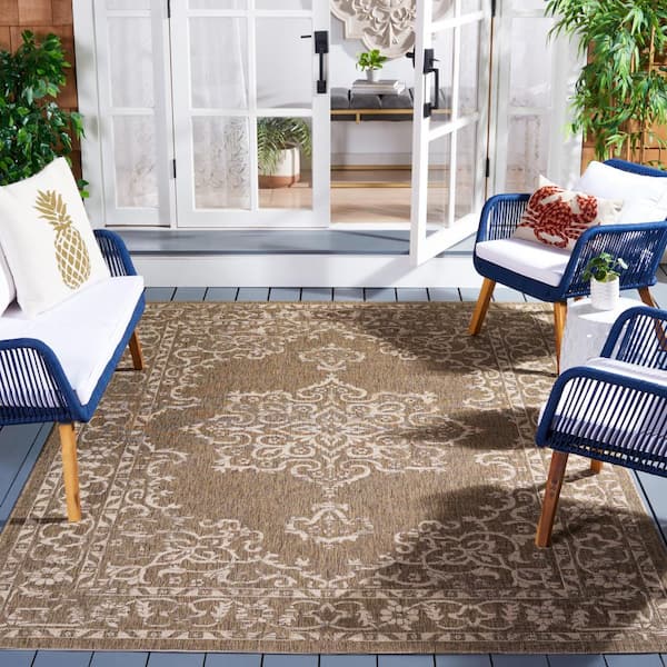 Courtyard Brown/Beige 7 ft. x 10 ft. Border Ornate Indoor/Outdoor Area Rug
