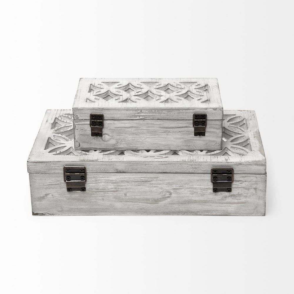Set of Two Distressed Whitewashed Wooden Decorative Boxes