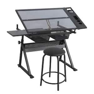 38.5 in. Rectangular Black Metal 2 Drawer Writing Desk with Stool and Adjustable Height