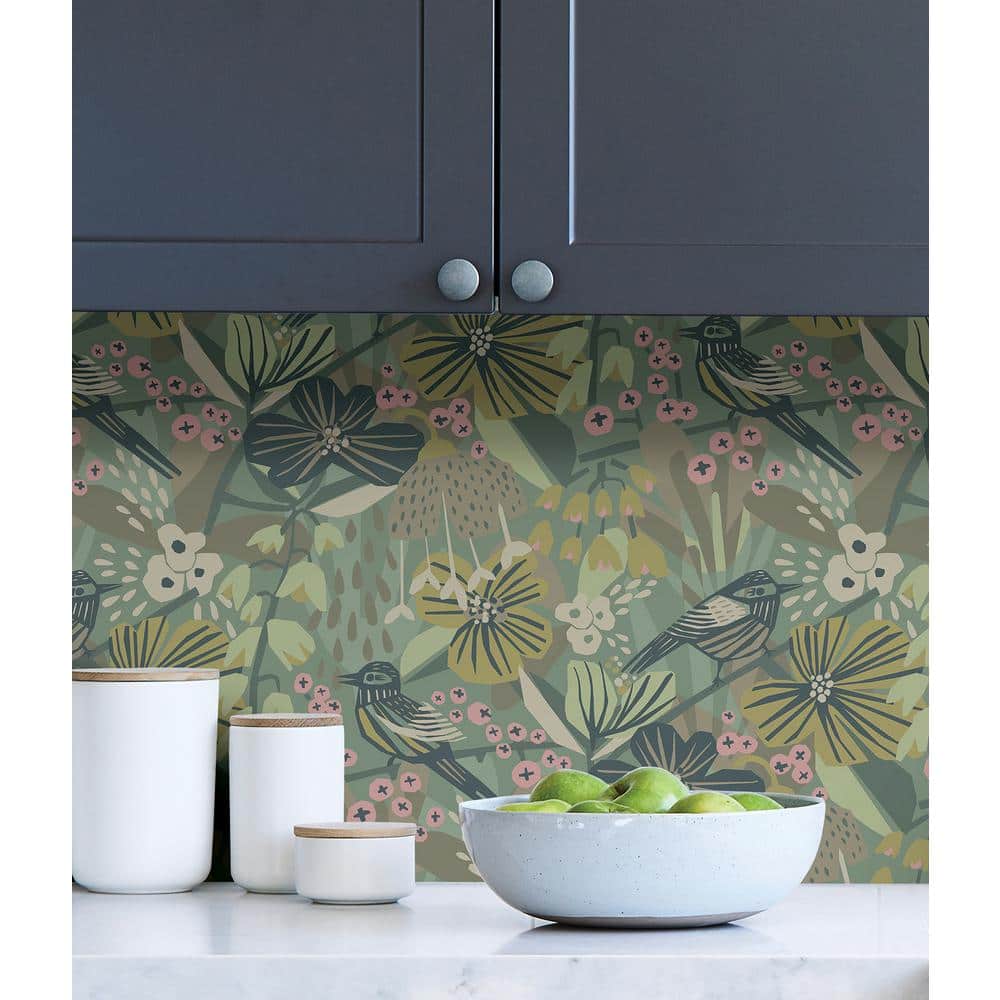 Sage and Pink Floral Bird Peel and Stick Wallpaper