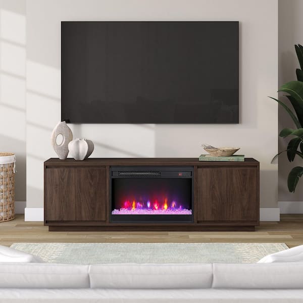 Presque 68 in. Satin Walnut TV Stand Fits TV's up to 75 in. with Crystal Fireplace Insert
