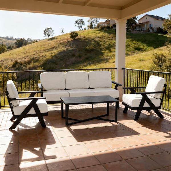 4-Piece Aluminum & Iron Outdoor Patio Conversation Set with Herringbone Armrests and Beige Teslin Mesh Cushions