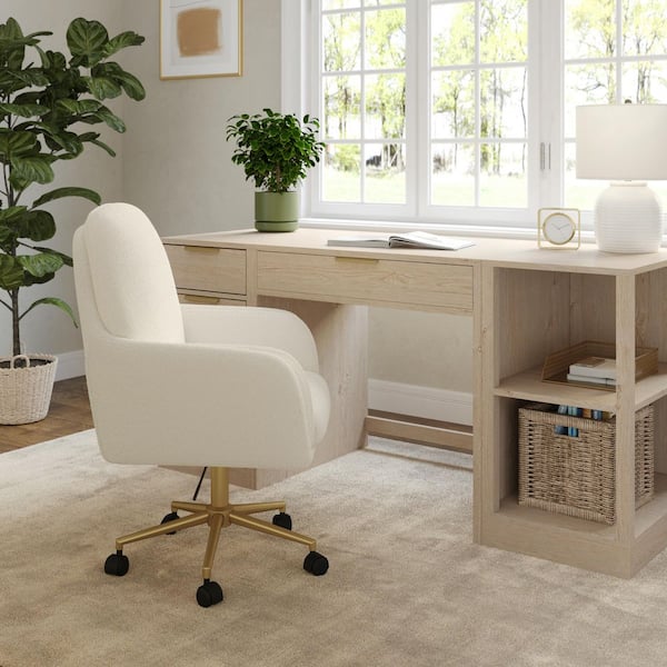 Clara Fabric Swivel Office Chair in Off White/Polished Brass with Arms