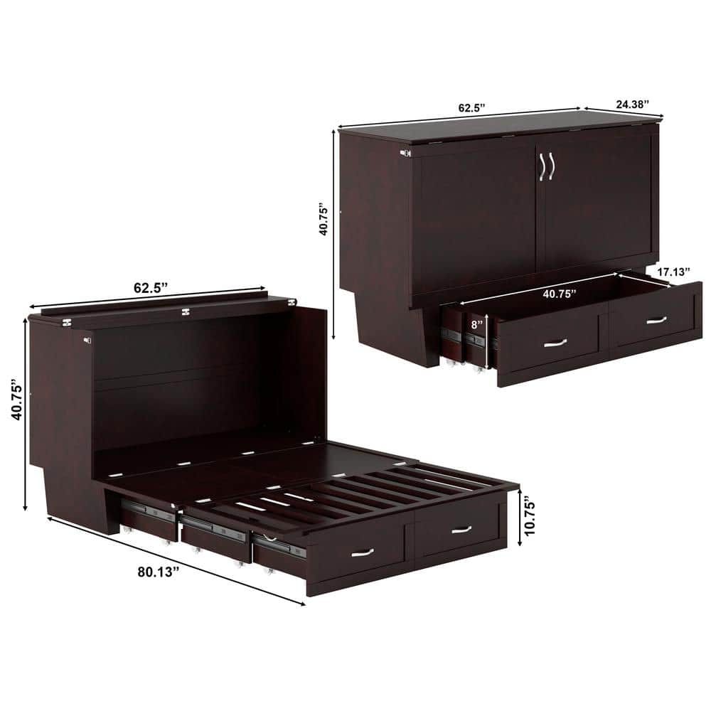 Espresso Queen Murphy Bed Chest with Memory Foam Mattress and USB Charging