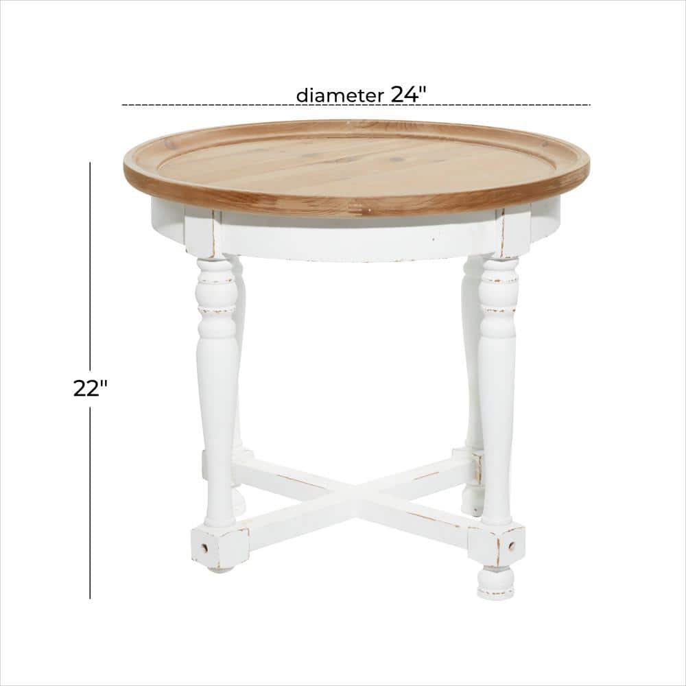 White and Brown Round Wood Accent Table with Spindle Legs