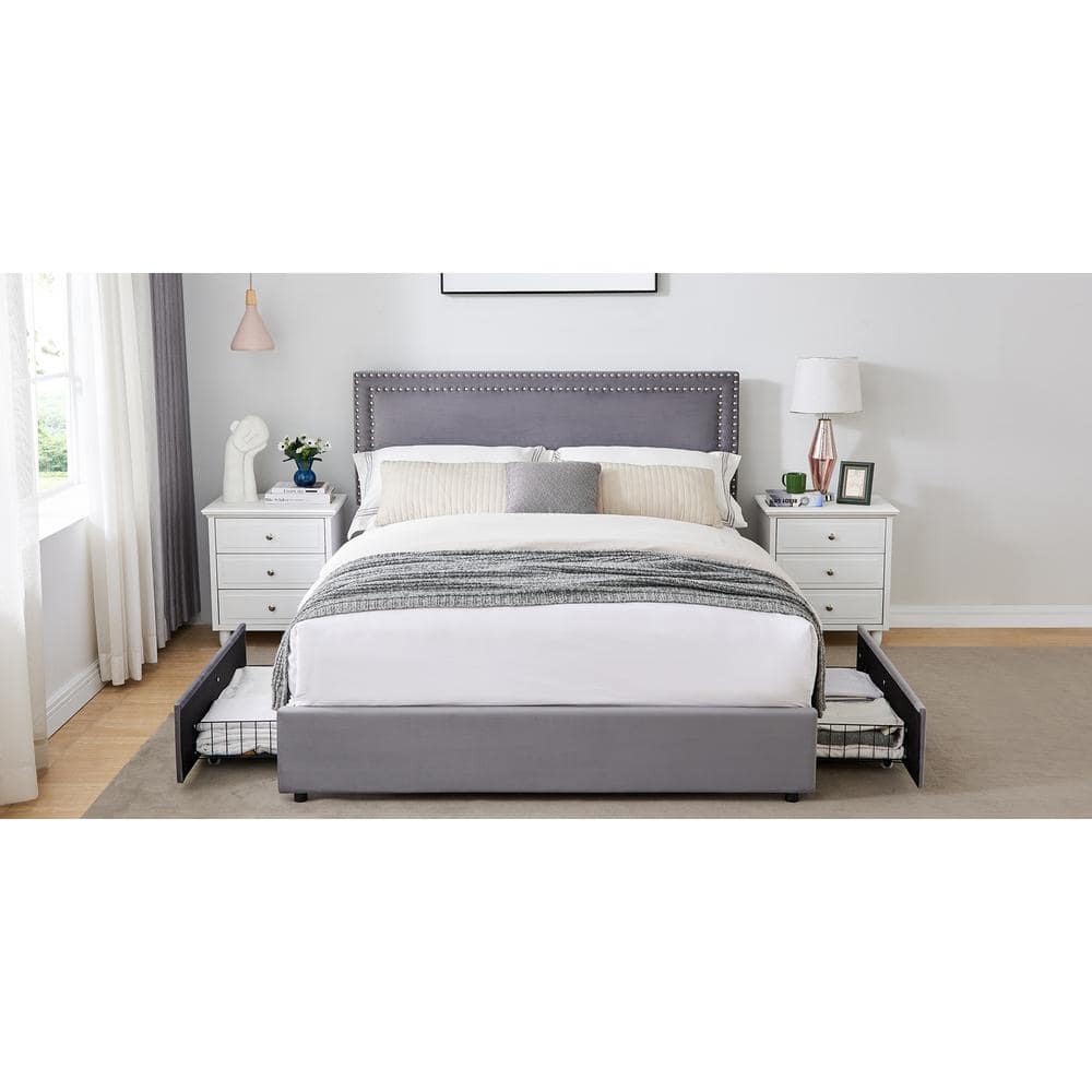 Platform Bed Frame Black Metal Frame King Size Platform Bed with 4 Storage Drawers, Upholstered bed with Headboard - thumbnail 8