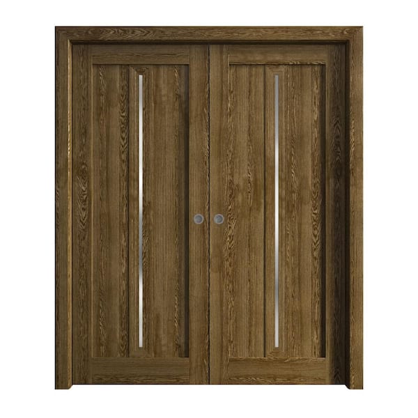 56 in. x 96 in. Frosted Glass Marble Oak Solid Wood Double Pocket Doors With Hardware
