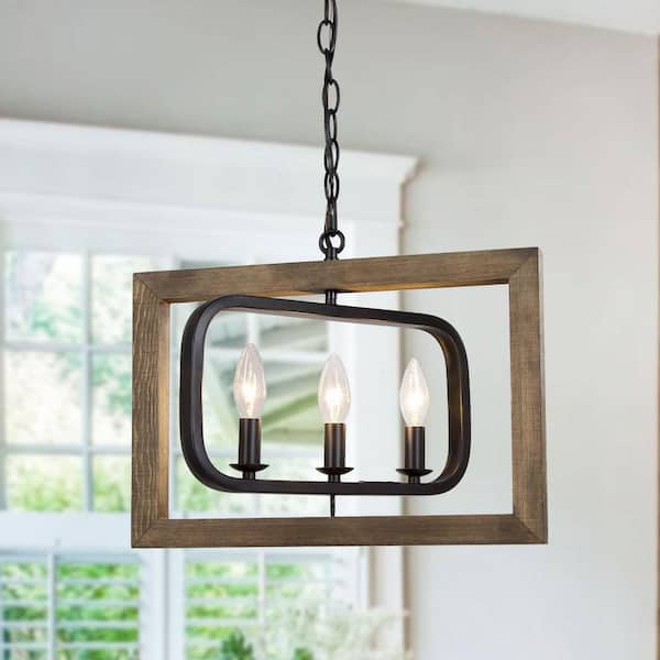 LNC Modern Farmhouse Black 3-Light Island Chandelier with Wood Cage Candlestick Chandelier Rustic Linear Kitchen Pendant