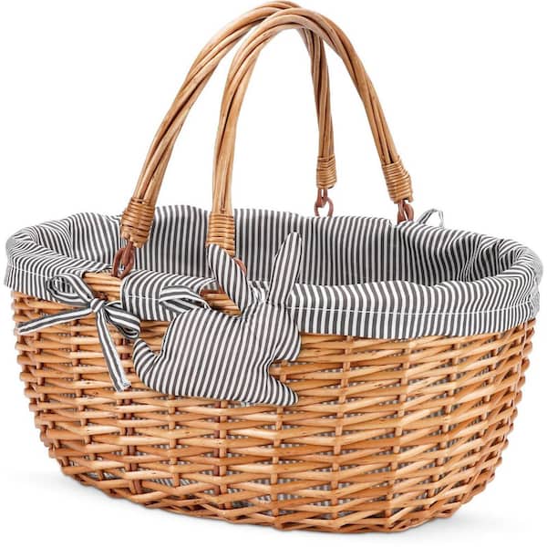 1-Piece Gray Willow Picnic Basket Set with 2 Foldable Swing Handles, Wicker Empty Easter Eggs, Candy Small Gift Basket