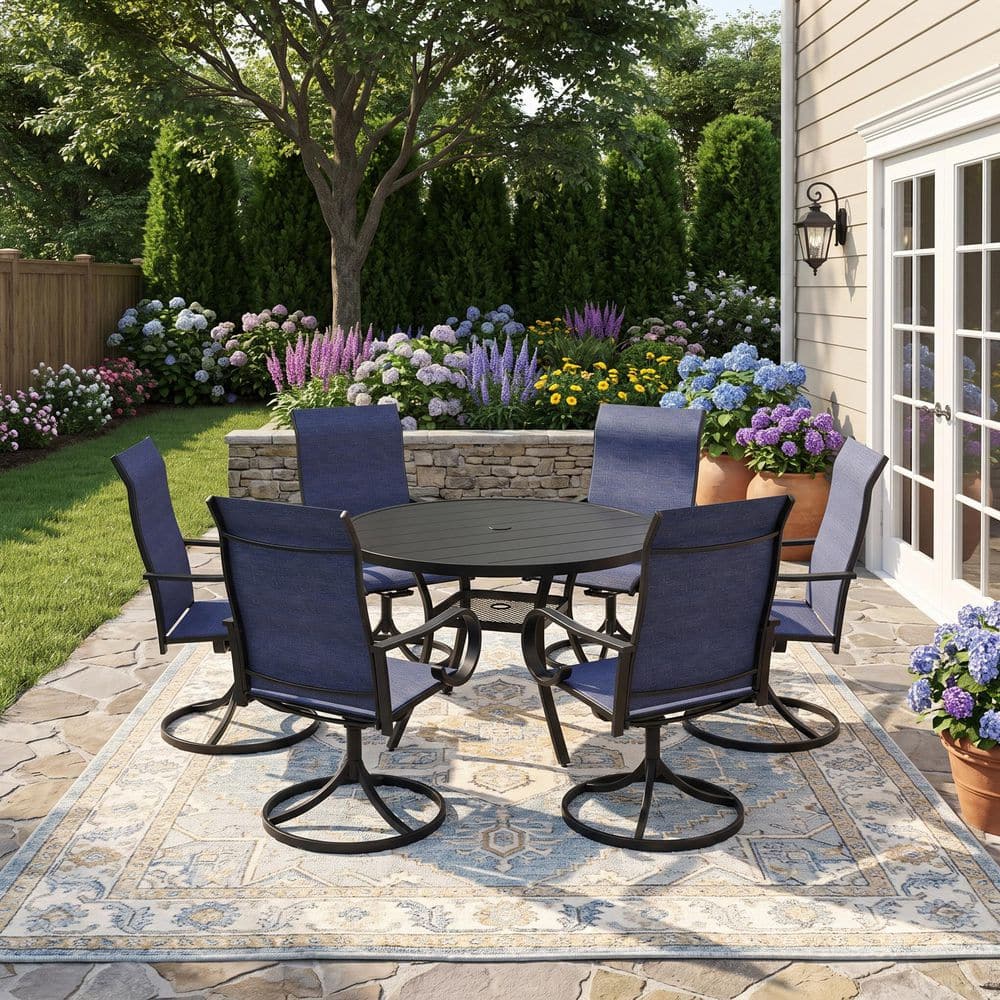 7-Piece Metal Outdoor Dining Set with 47.2 in. Black Round Slatted Table and 6 Blue 360° Swivel Textilene Dining Chairs price history on PriceWatchPro