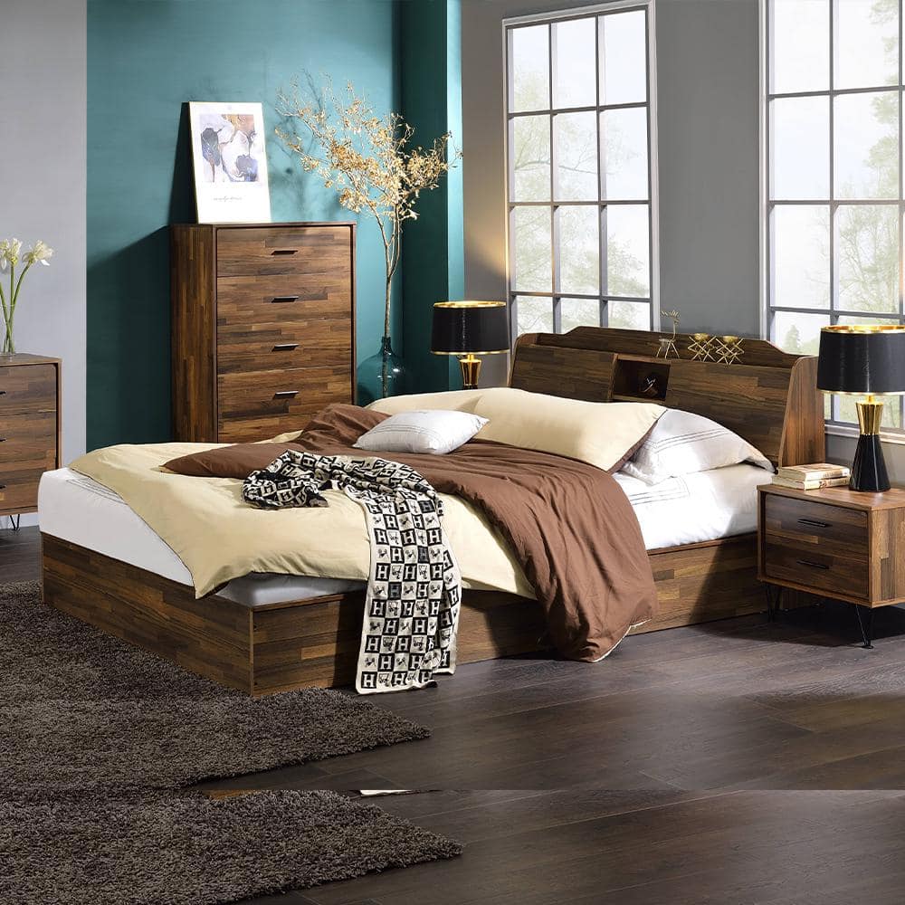 Hestia Midcentury Queen Bed with Upholstered Leather Headboard and Storage