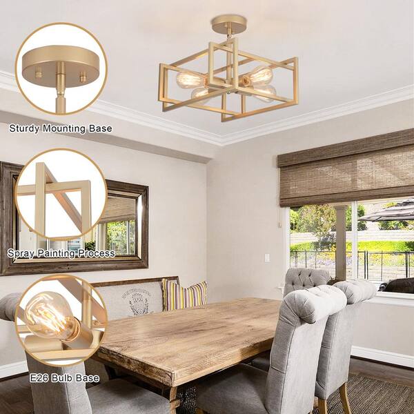 ZJVAIVE 14.96 in. 4-Light Geometric Gold Modern Semi-Flush Mount