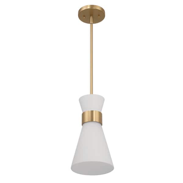 Robert Stevenson Lighting 7 in. Kit 1-Light Brushed Gold Accent Metal Pendant-Light with Tapered White Opal Glass, No Bulbs Included