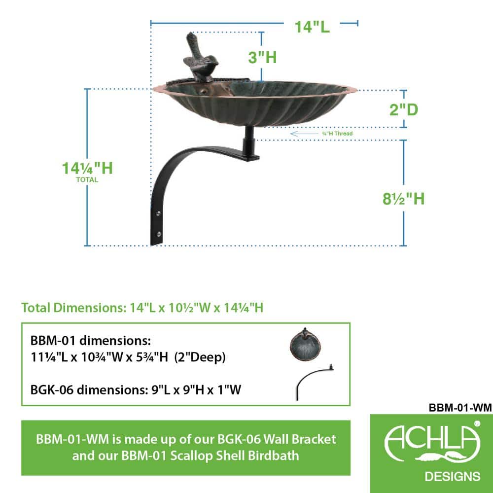 Verdigris Scalloped Shell Bird Bath with Wall Bracket