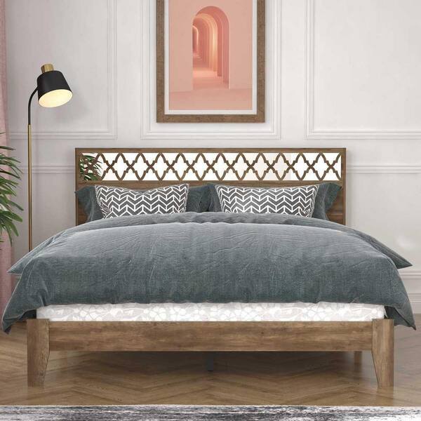 GALANO Aideliz Knotty Oak Wood Frame Queen Bed With Headboard SH