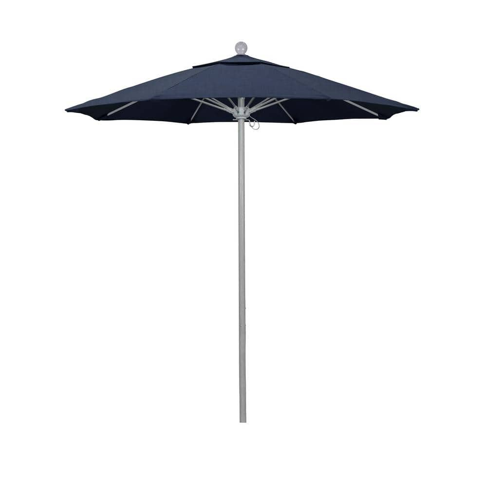 California Umbrella 7.5 ft. Grey Woodgrain Aluminum Commercial Market Patio Umbrella Fiberglass Ribs Push Lift in Spectrum Indigo Sunbrella