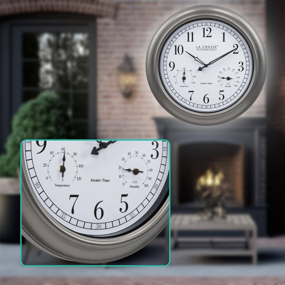 18" Silver Atomic Outdoor Clock with Thermometer and Hygrometer
