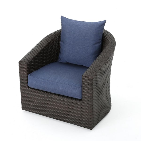 Unbranded Outdoor Swivel Lounge Chair with Metal Brown Frame and CushionGuard, Blue Cushion