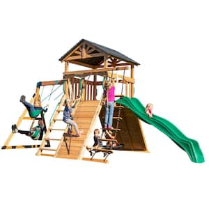 Endeavor All Cedar Wood Children Swing Set Playset w/ Elevated Clubhouse Climbing Wall Swings Web Swing and Green Slide