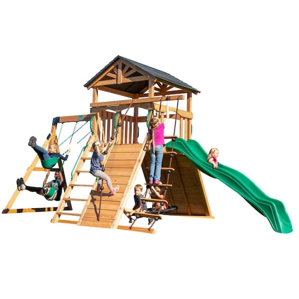 Backyard Discovery Endeavor All Cedar Wood Children Swing Set Playset w/ Elevated Clubhouse Climbing Wall Swings Web Swing and Green Slide