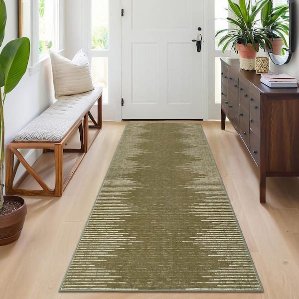 Washable Camel 2 ft. x 6 ft. Modern Striped Printed Rug Low Pile Soft Thin Carpet Stain Resistant Non-Slip, Area Rug