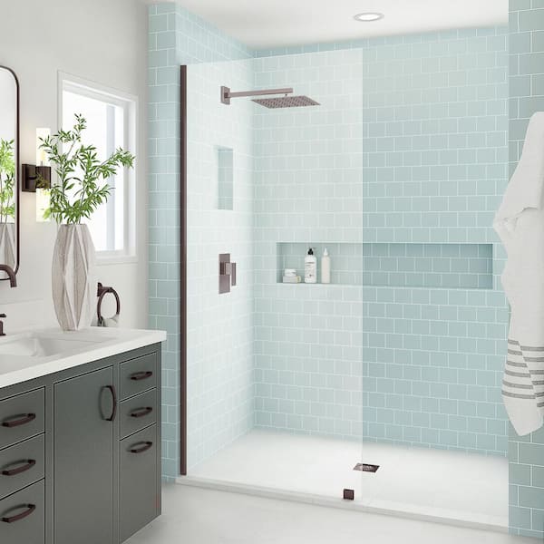 Aston Elyse XL 38 in. W x 80 in. H Fixed Frameless Shower Door in New Bronze with Clear StarCast Glass