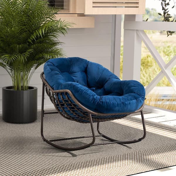 Brown Wicker Outdoor Rocking Chair, with Navy Blue Padded Cushion Recliner Chair for Porch, Living Room, Patio, Garden
