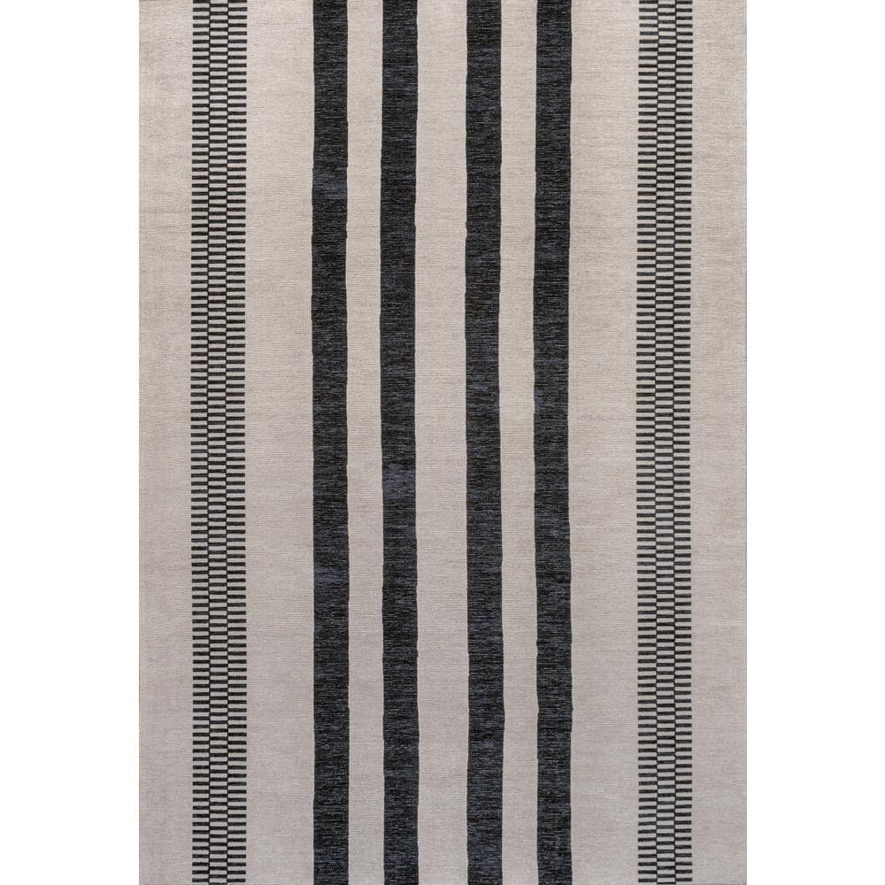 Modern Handcrafted Cream/Black Stripe Synthetic 9' x 12' Area Rug