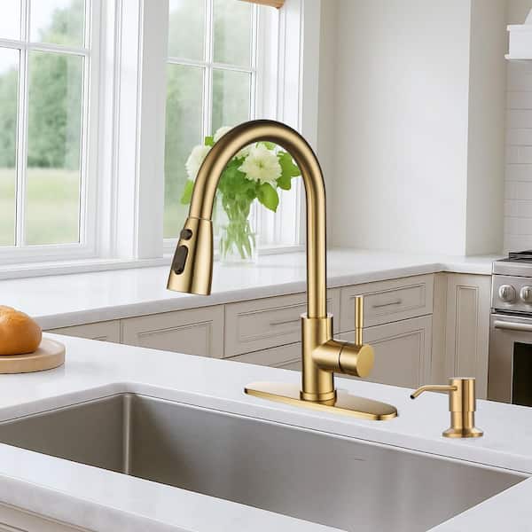 Single Handle Pull Down Sprayer Kitchen Faucet with 3-Function Sprayer and Soap Dispenser in Brushed Gold