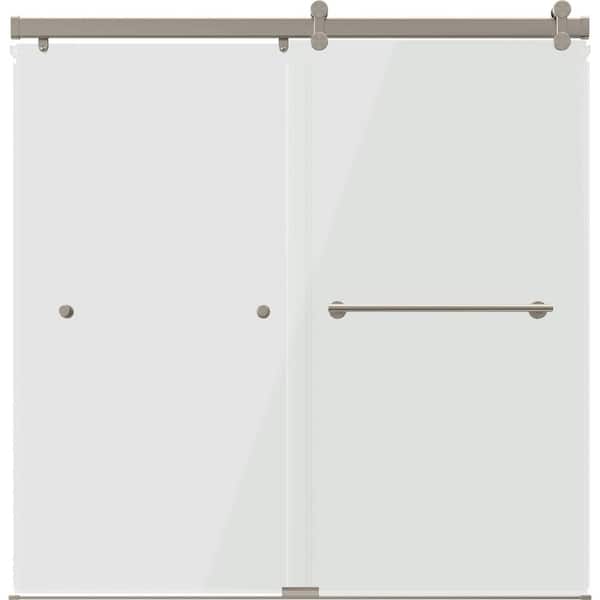 LuxeTrack Greydon 52 to 60 in. W x 60-1/4 in. H Frameless Sliding Bathtub Door in Nickel with 1/4 in. Clear Glass