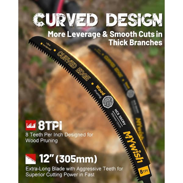 12 in. 8 TPI High-Carbon Steel Curved Reciprocating Saw Blades for Wood Pruning (3-Pack)