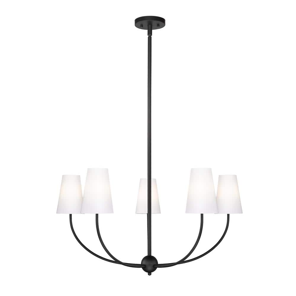 Shannon 32 in. 5-Light Matte Black Shaded Chandelier Light with White Glass