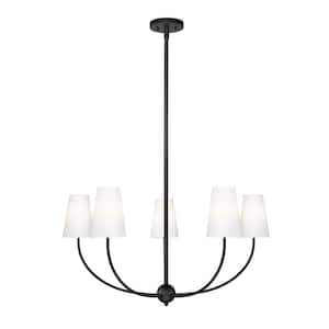 Shannon 32 in. 5-Light Matte Black Shaded Chandelier Light with White Glass Shade with No Bulbs Included
