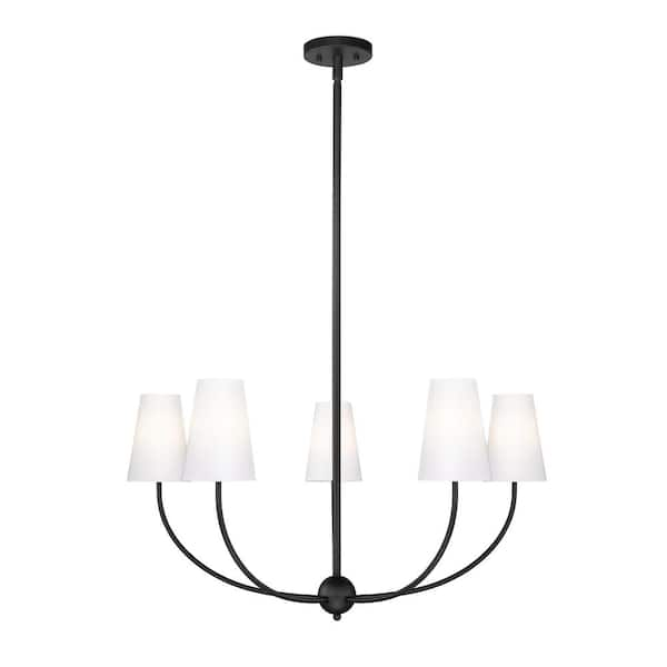 Shannon 32 in. 5-Light Matte Black Shaded Chandelier Light with White Glass Shade with No Bulbs Included