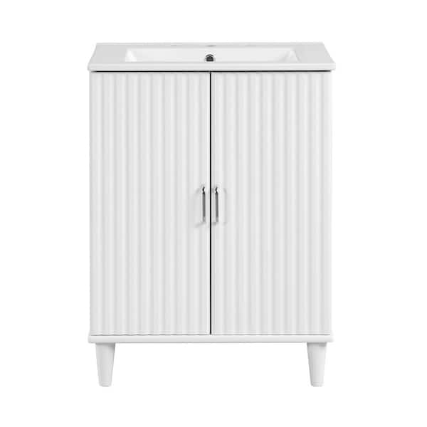 Aoibox 24 in. W x 18.3 in. D x 33.3 in. H Single Sink Freestanding Bathroom Vanity in White with White Ceramic Top