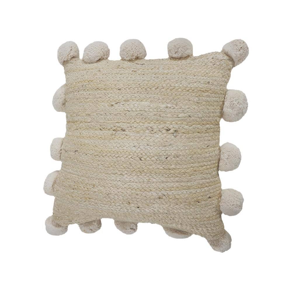 Natural Jute Square Throw Pillow with Pom Pom Border, 20" x 20"